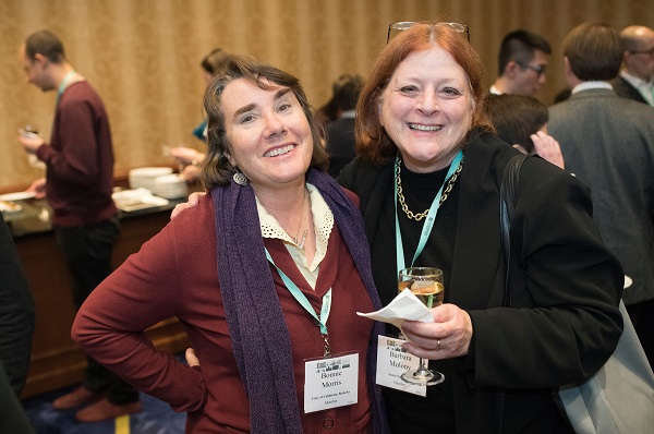 Bonnie Morris (left; Univ. of California, Berkeley) and Barbara Molony (Santa Clara Univ.) bring a bit of California to the LGBTQ Historians reception.